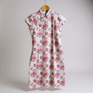 Vintage White Floral Cheongsam Dress with Pink Rose Print